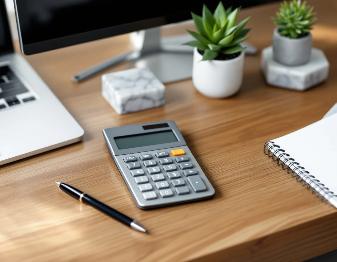 Professional desk workspace with calculator, notepad, and office accessories for payroll management