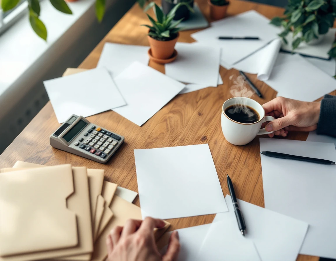Office desk with payroll paperwork, calculator, coffee, and office supplies in natural lighting