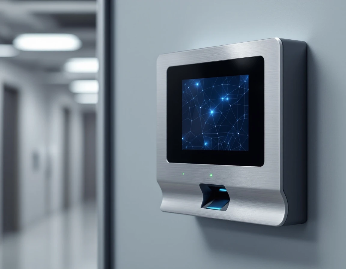 Wall-mounted biometric time clock with fingerprint scanner in modern office setting