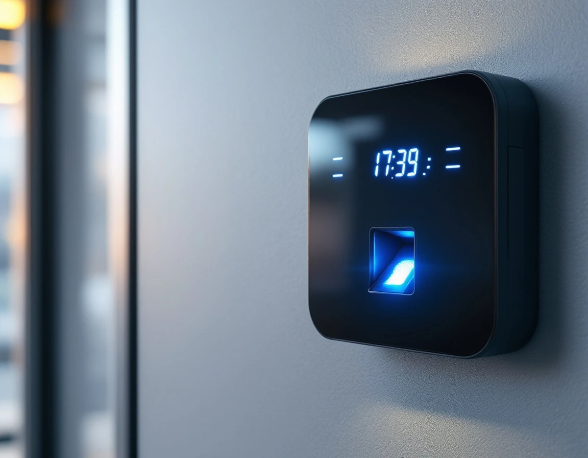 Biometric fingerprint scanner time clock system mounted in modern office workplace