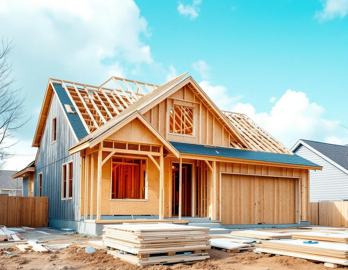 Residential home with exposed roof framing during renovation showing wooden structural elements