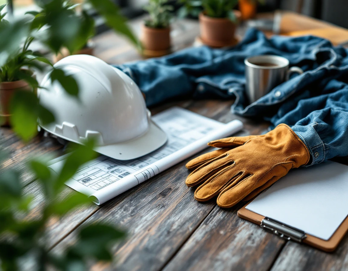 Construction desk with hard hat, work gloves, blueprints, and safety equipment for trade worker compliance