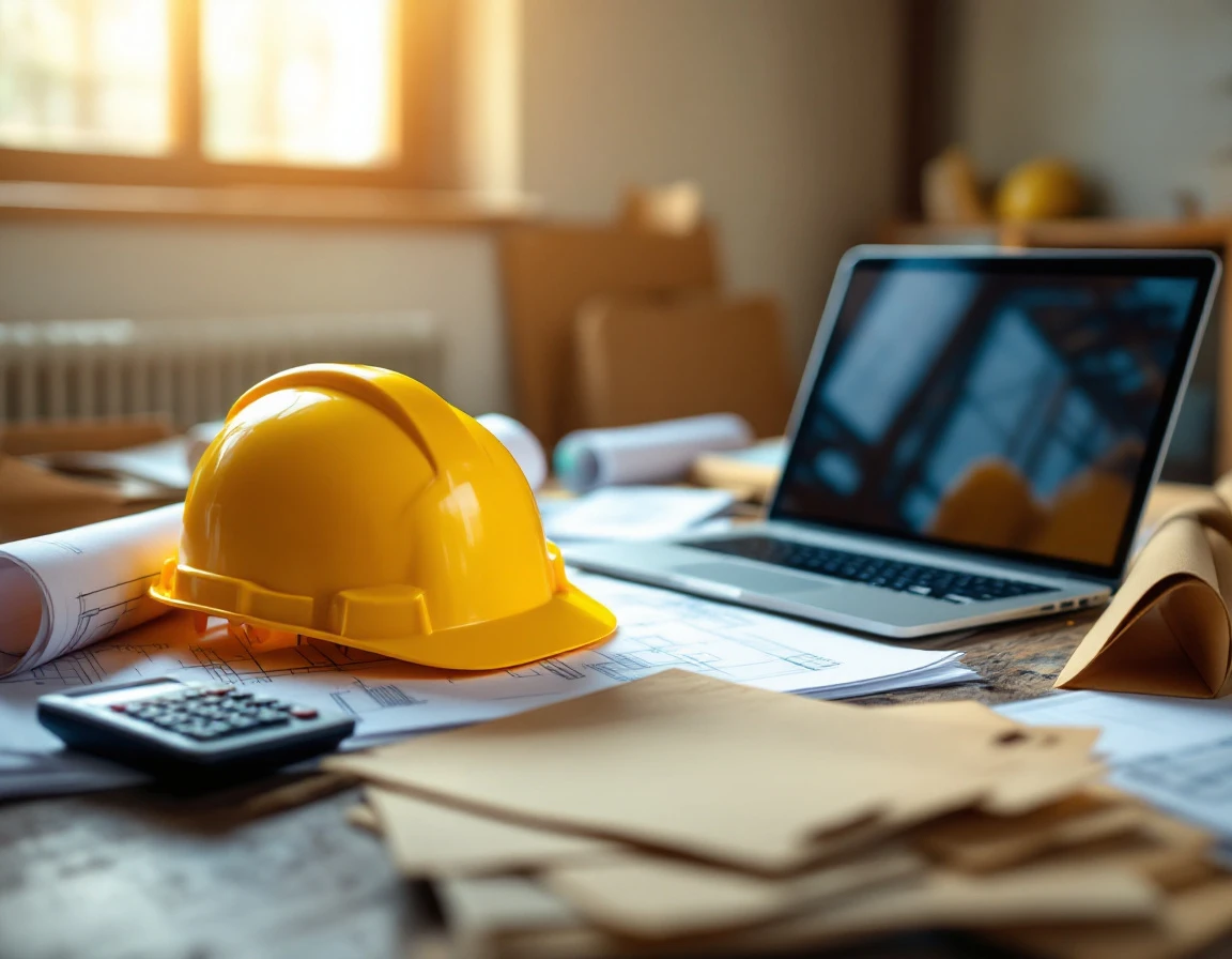 Construction office desk with hard hat, calculator, and blurred blueprints for skilled trade payroll planning