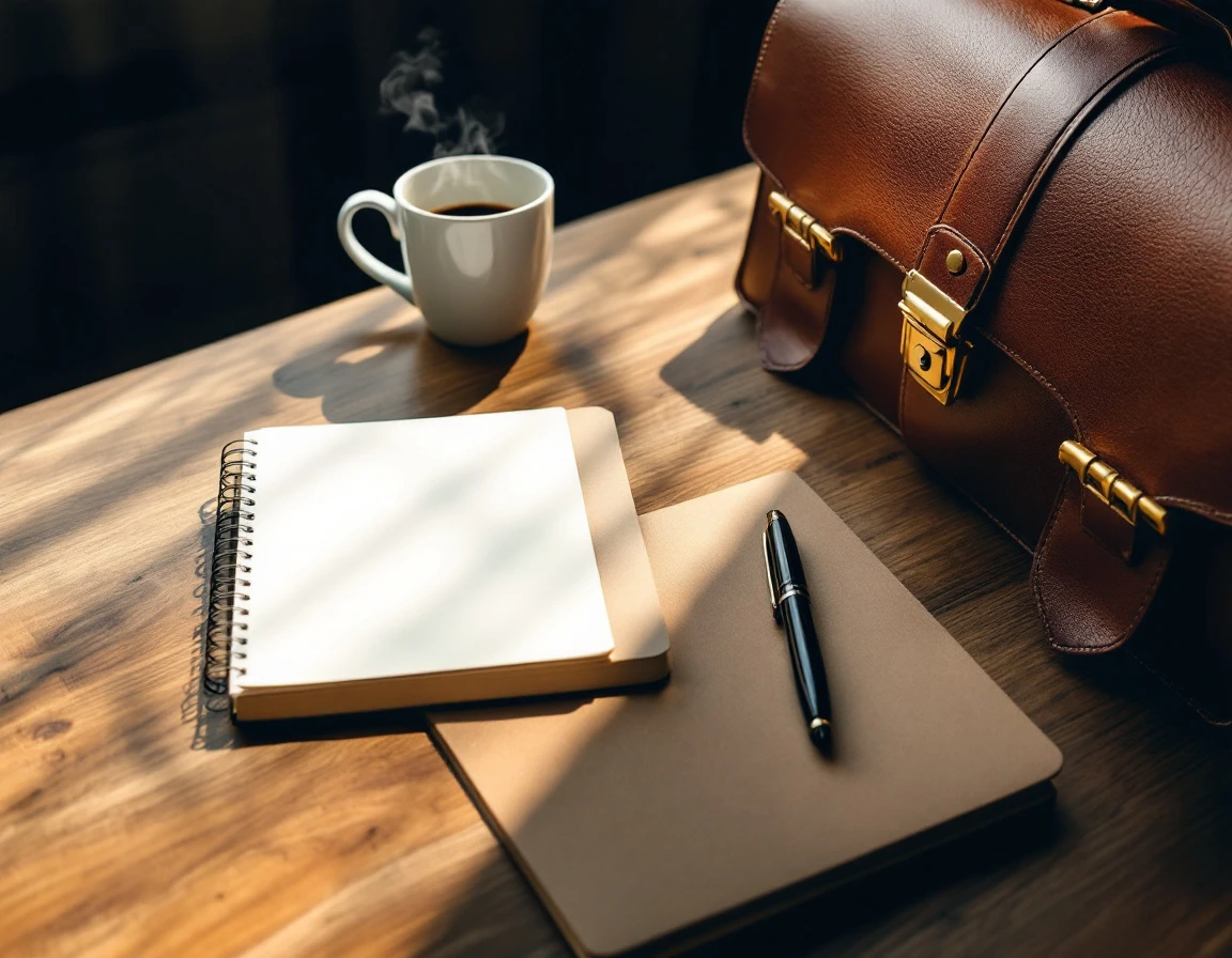 Closed brown leather briefcase on wooden desk with coffee cup, notebook, and pen in natural light