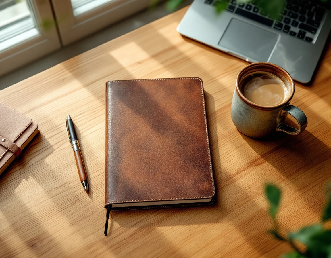 Leather notebook and coffee on wooden desk surface in natural morning light