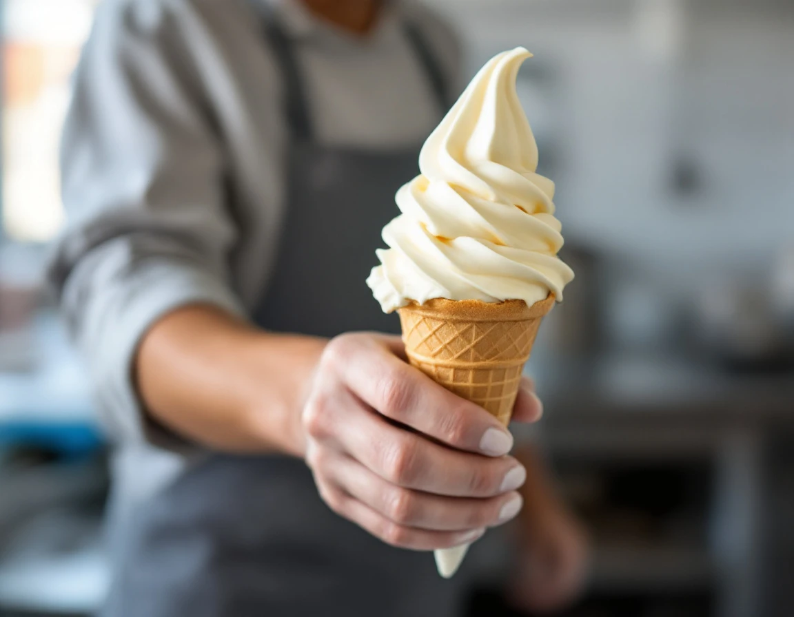 Worker holding soft-serve ice cream cone in food service preparation area