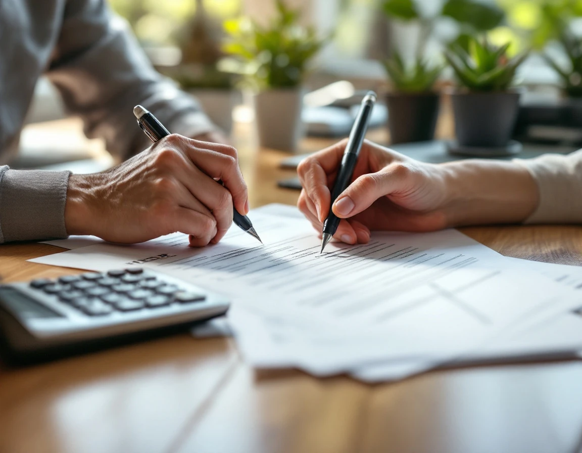 Hands completing employment paperwork at desk with calculator and office plants nearby
