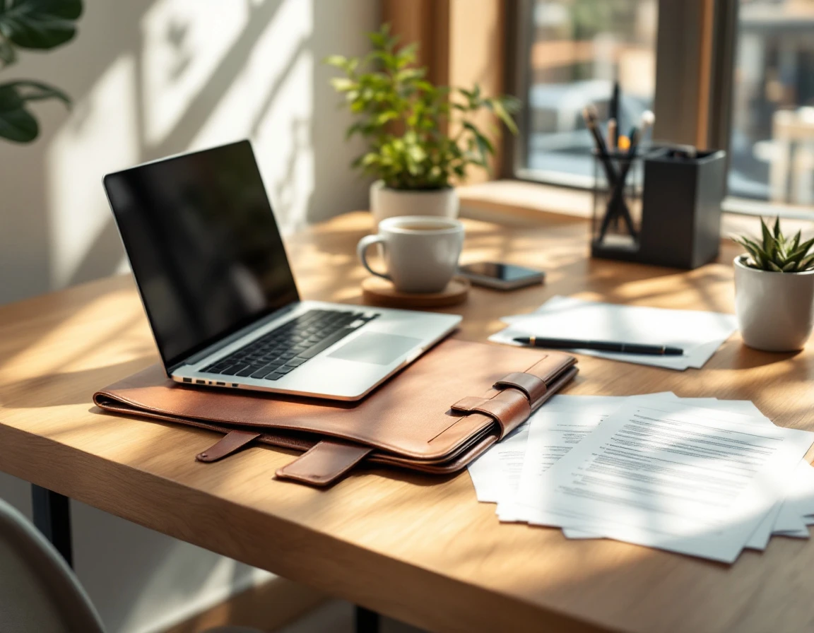 HR desk workspace with laptop, documents, coffee cup, and natural lighting for employment compliance work