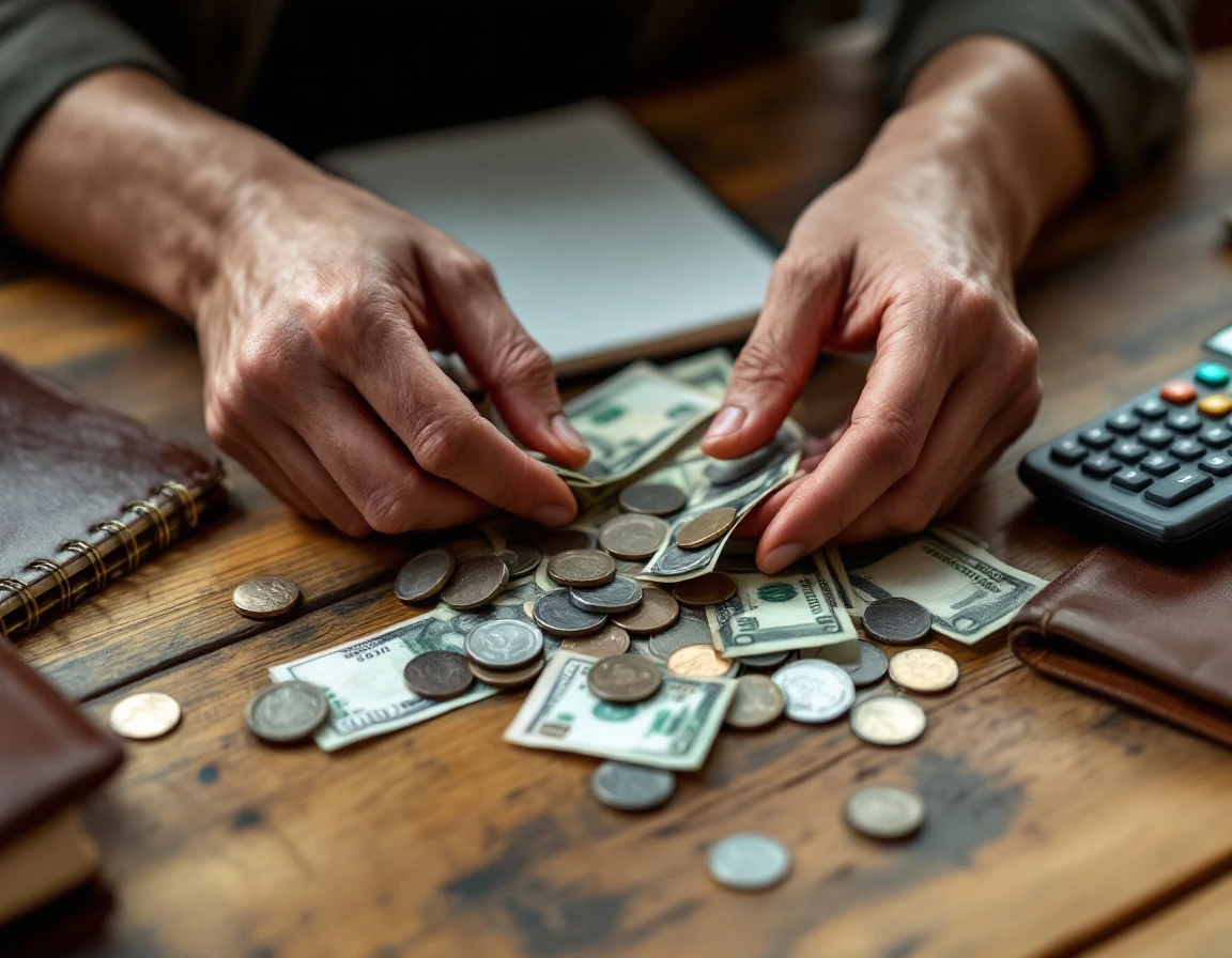 Hands counting cash and coins on wooden desk with wallet, notebook, and calculator for tip reconciliation