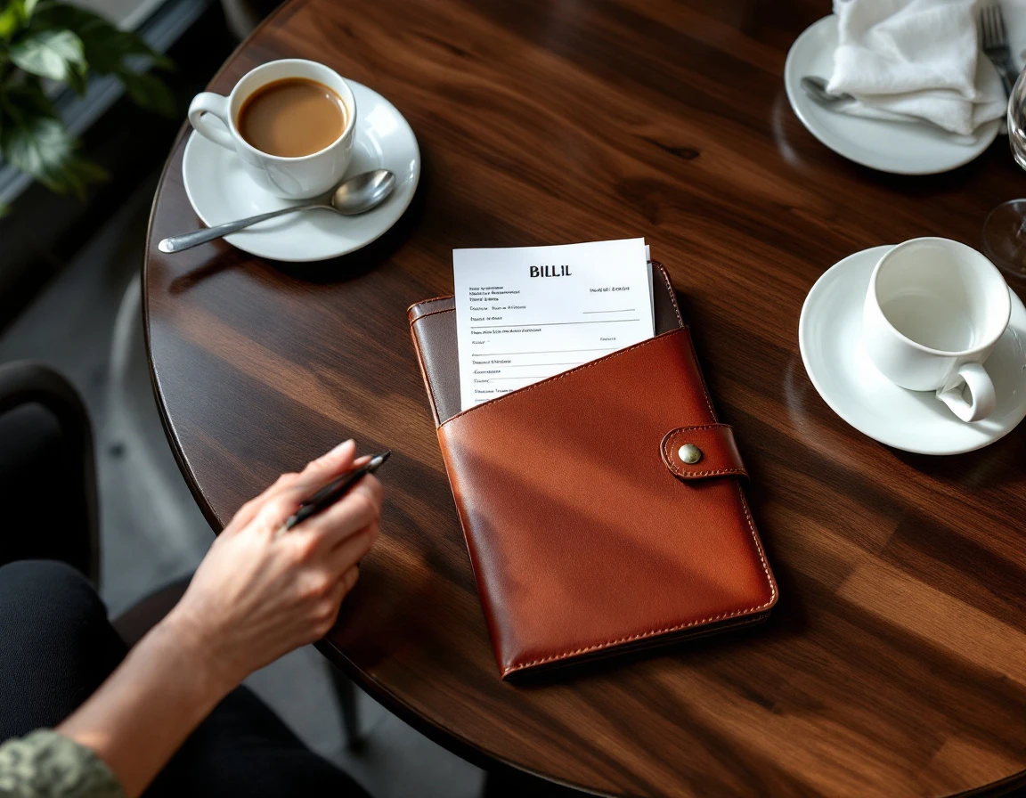 Restaurant table with bill folder, coffee cups, and silverware arranged on white tablecloth
