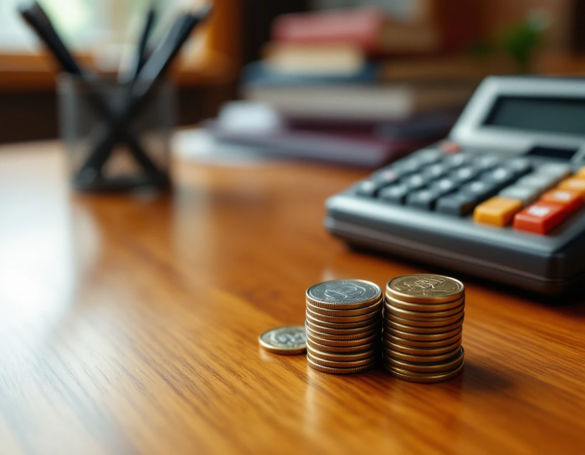 Wooden desk with stacked coins, calculator, and ledger notebook for payroll accounting review