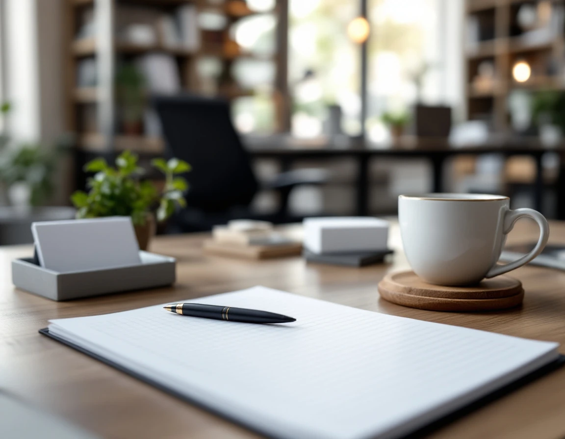 Organized office desk with blank notepad and business accessories in professional workspace