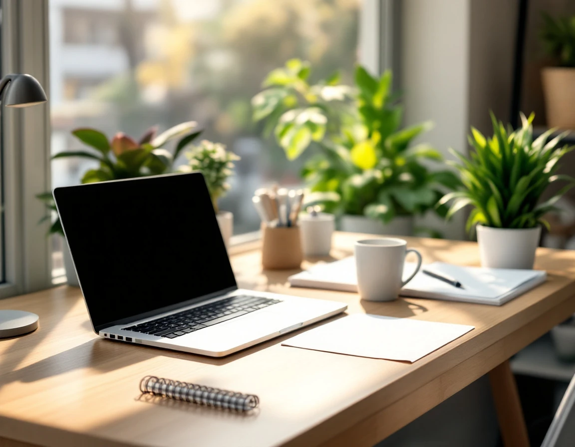 Organized home office workspace with closed laptop, notebook, and coffee mug bathed in natural morning light