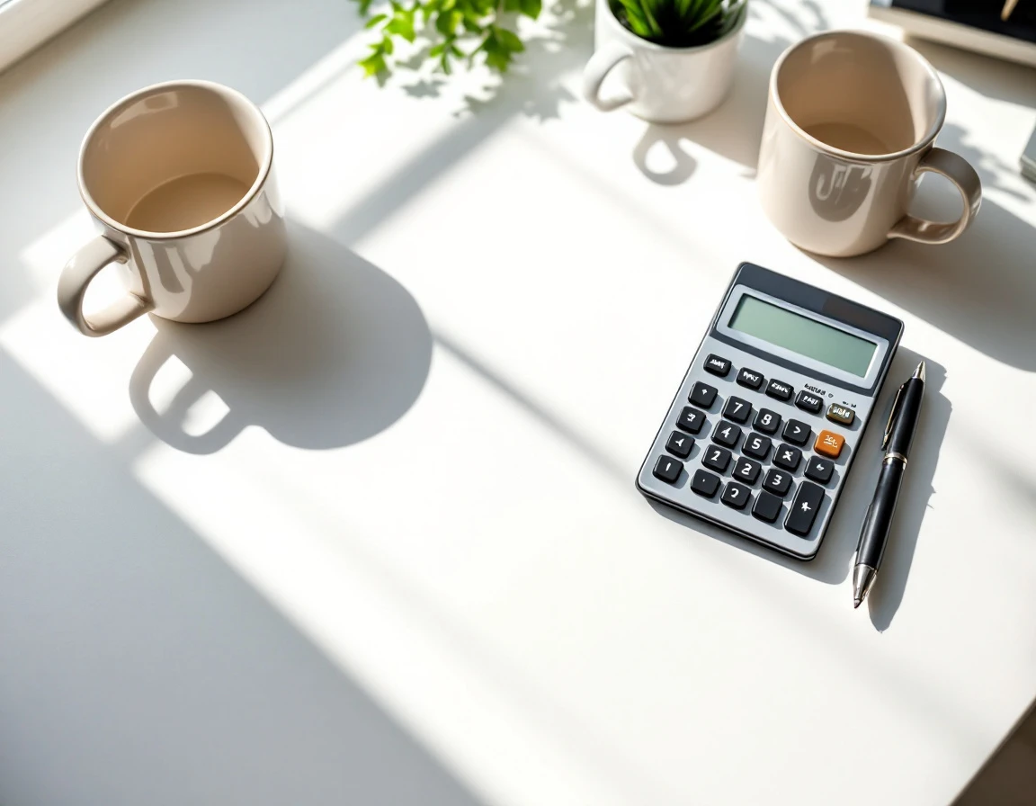 Clean desk workspace with calculator, coffee, and notebooks for small business financial planning