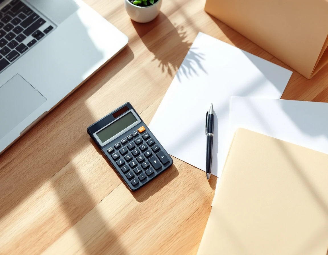 Organized desk workspace with calculator, laptop, and blank planning materials for business tax preparation