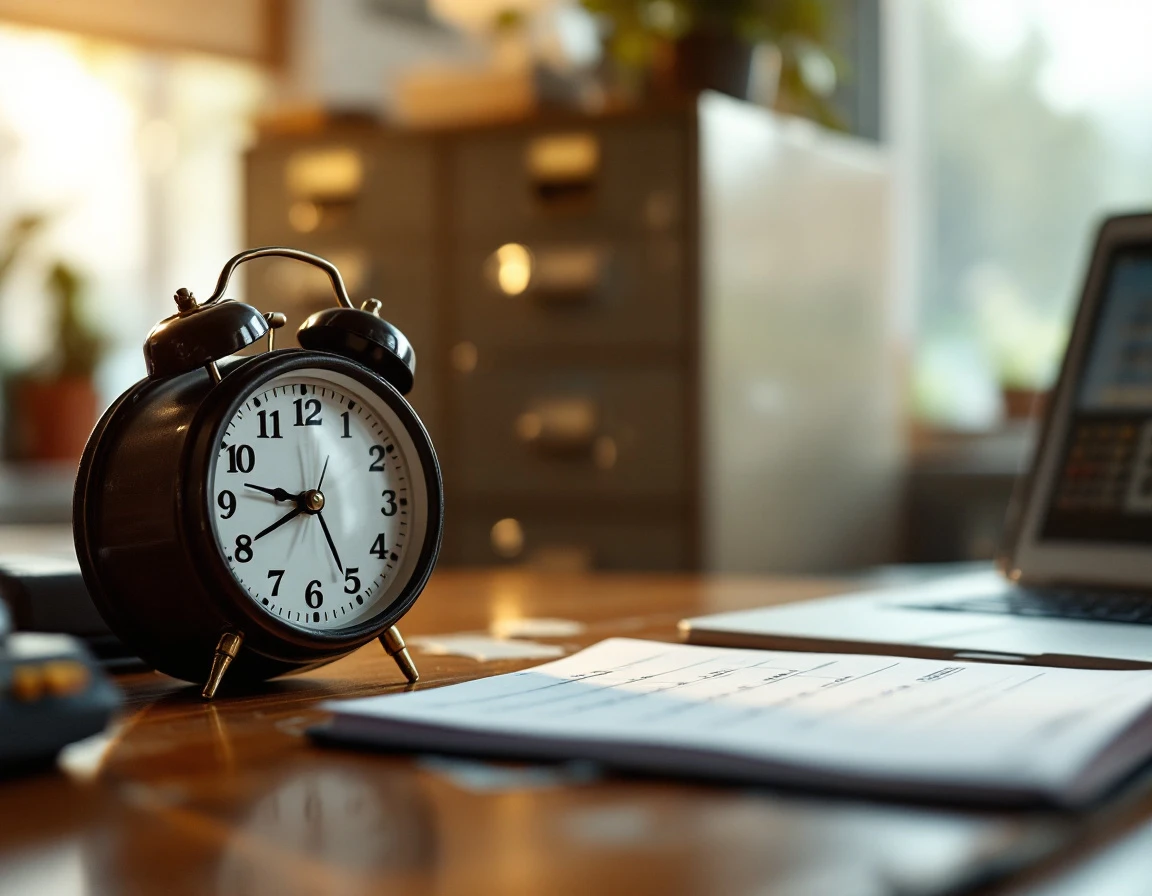 Vintage time clock and calendar on office desk with afternoon window light
