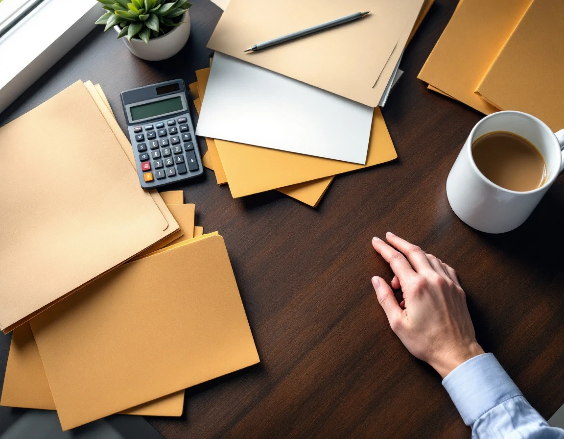 Organized office desk with calculator and blank paperwork ready for payroll processing tasks
