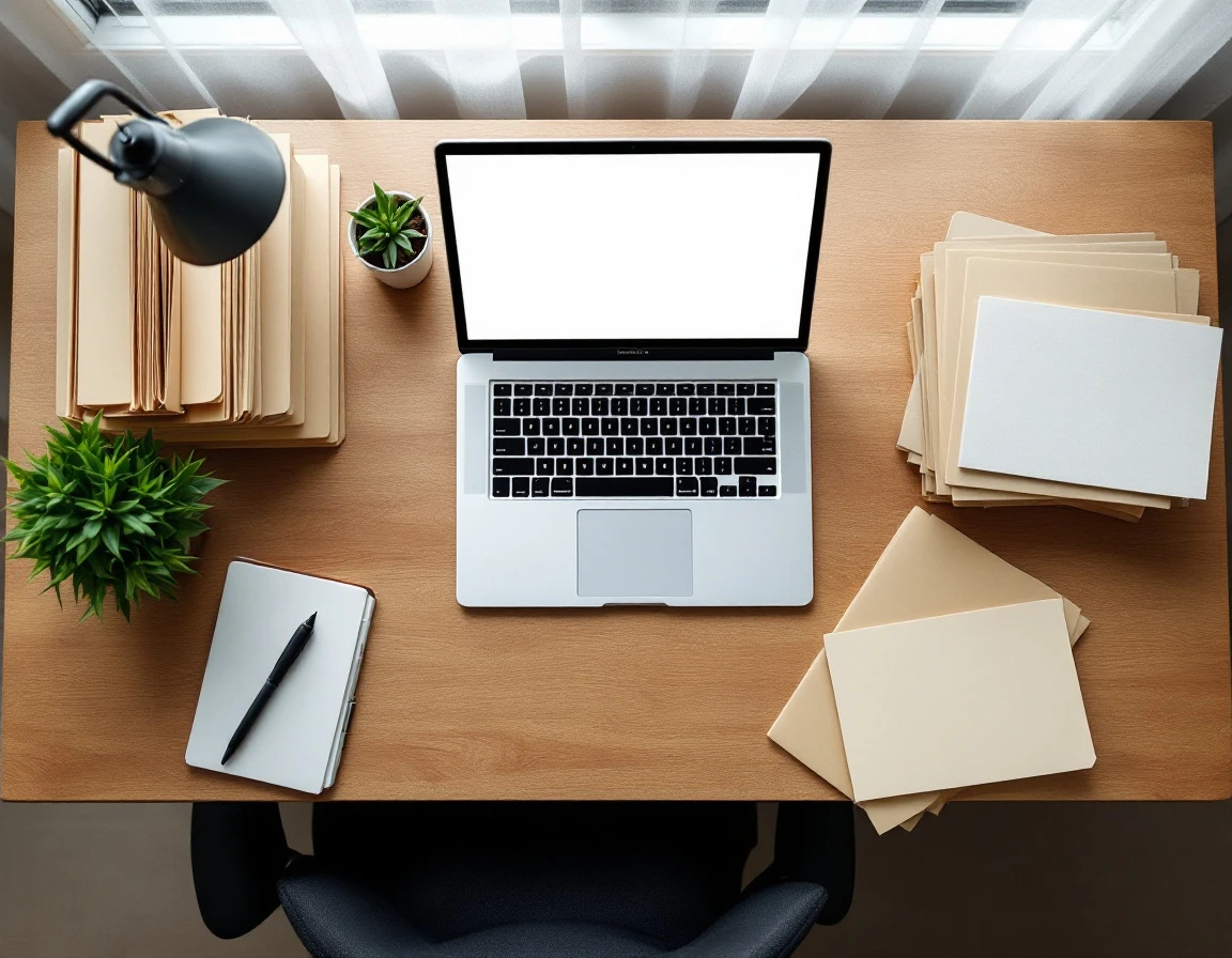 Organized desk with laptop, files, and coffee showing manager workspace during compliance tasks