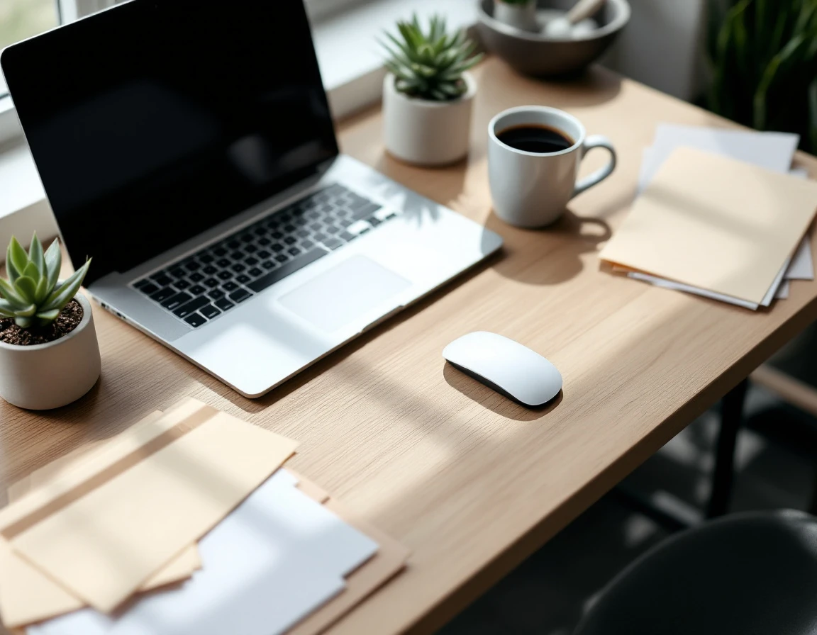 Overhead view of organized desk workspace with laptop, coffee, and office supplies