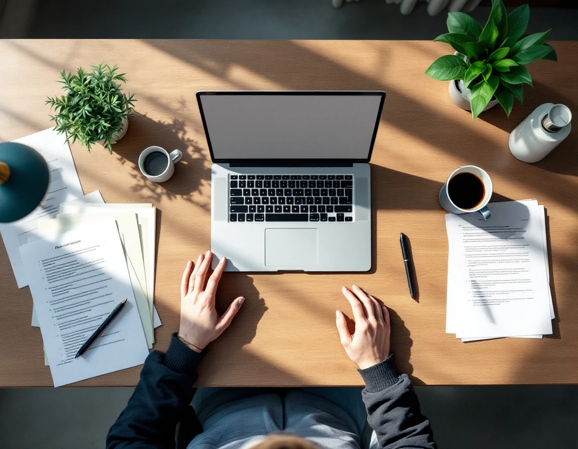 Organized desk workspace with laptop, smartphone, and papers showing efficient small business management setup