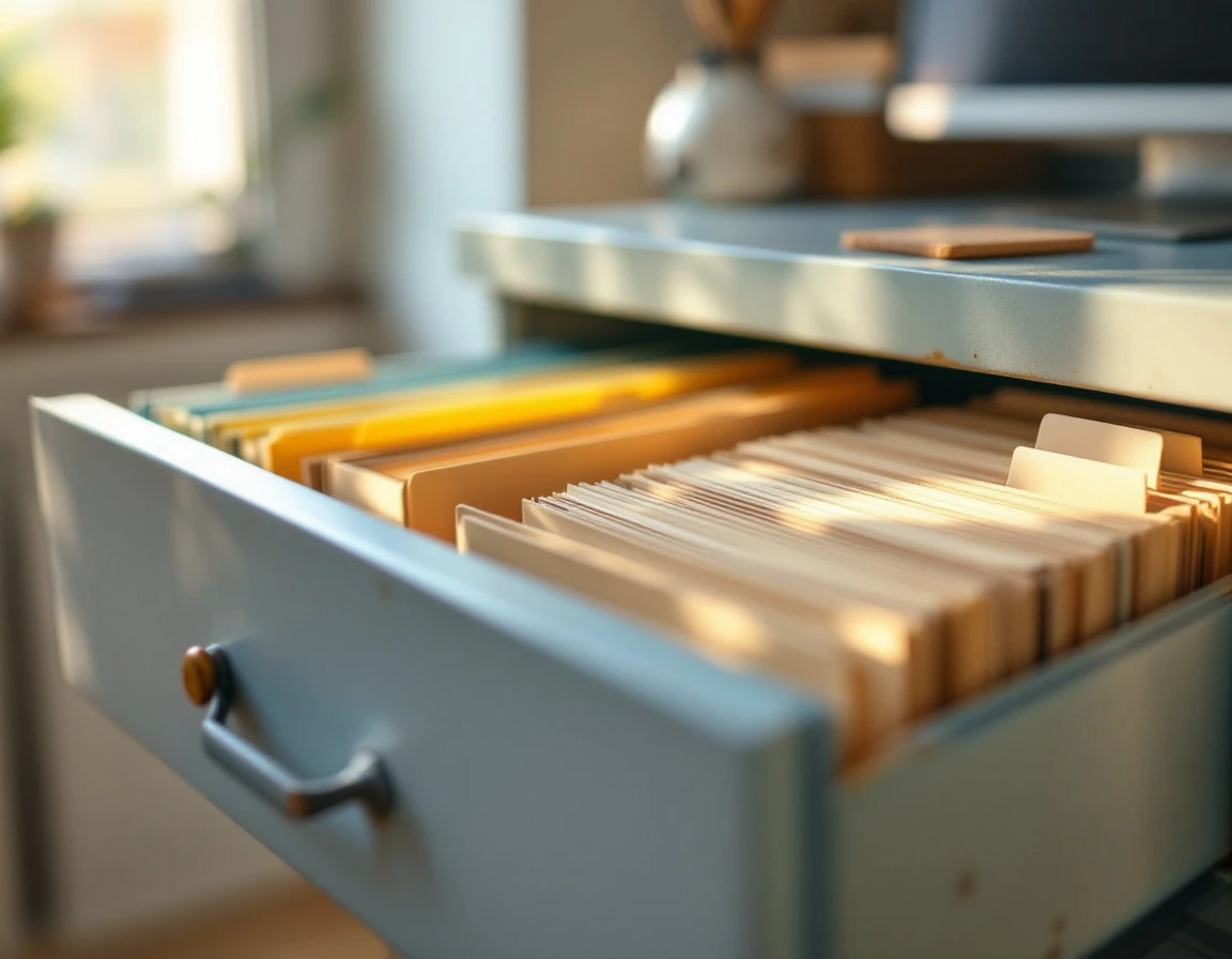 Organized filing cabinet drawer with color-coded folders for business record retention