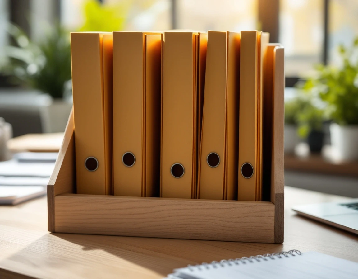 Organized file folders in wooden desk organizer with color-coded tabs for payroll and tax record retention