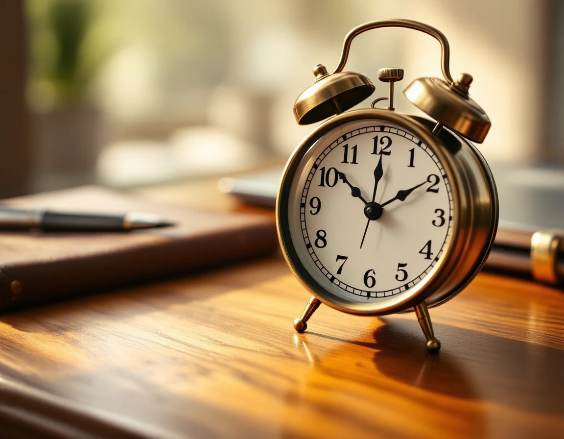 Antique brass clock on wooden desk with closed journal and laptop in soft afternoon light