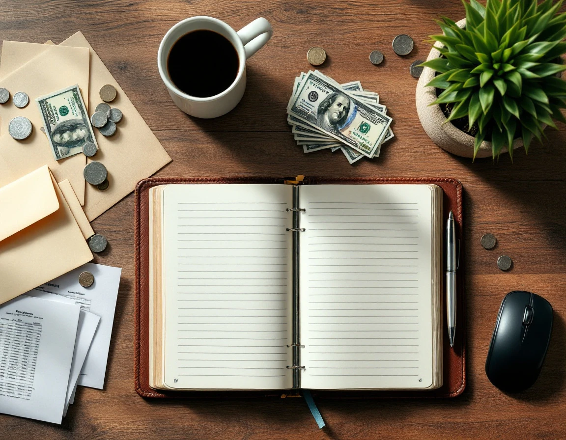 Overhead view of payroll workspace with cash, ledger, coffee, and office supplies on wooden desk