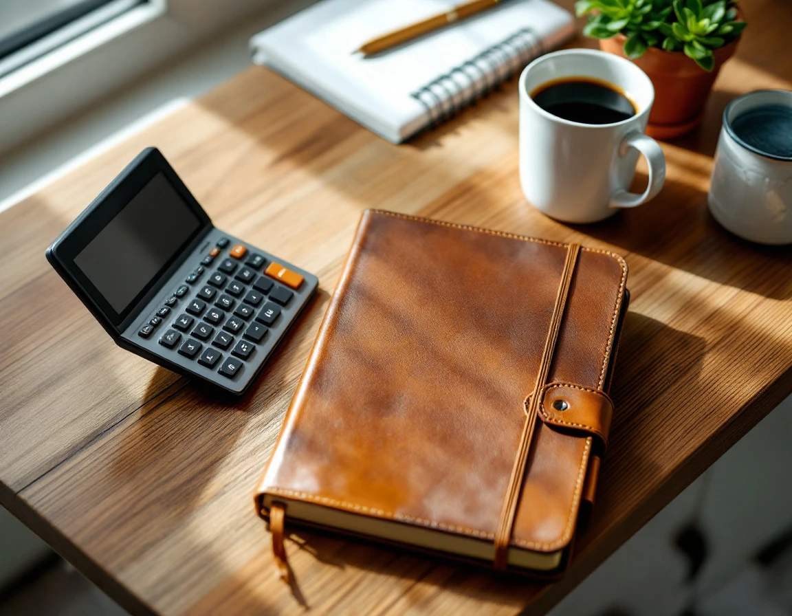 Business calculator and leather notebook on wooden desk with coffee and succulent plant