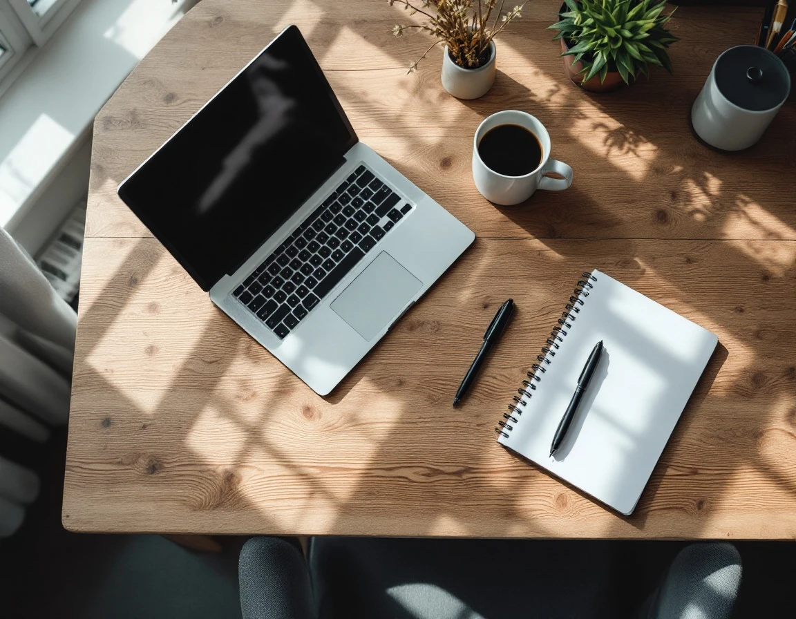 Overhead view of office desk with laptop, coffee, and notebook for vendor compliance review tasks