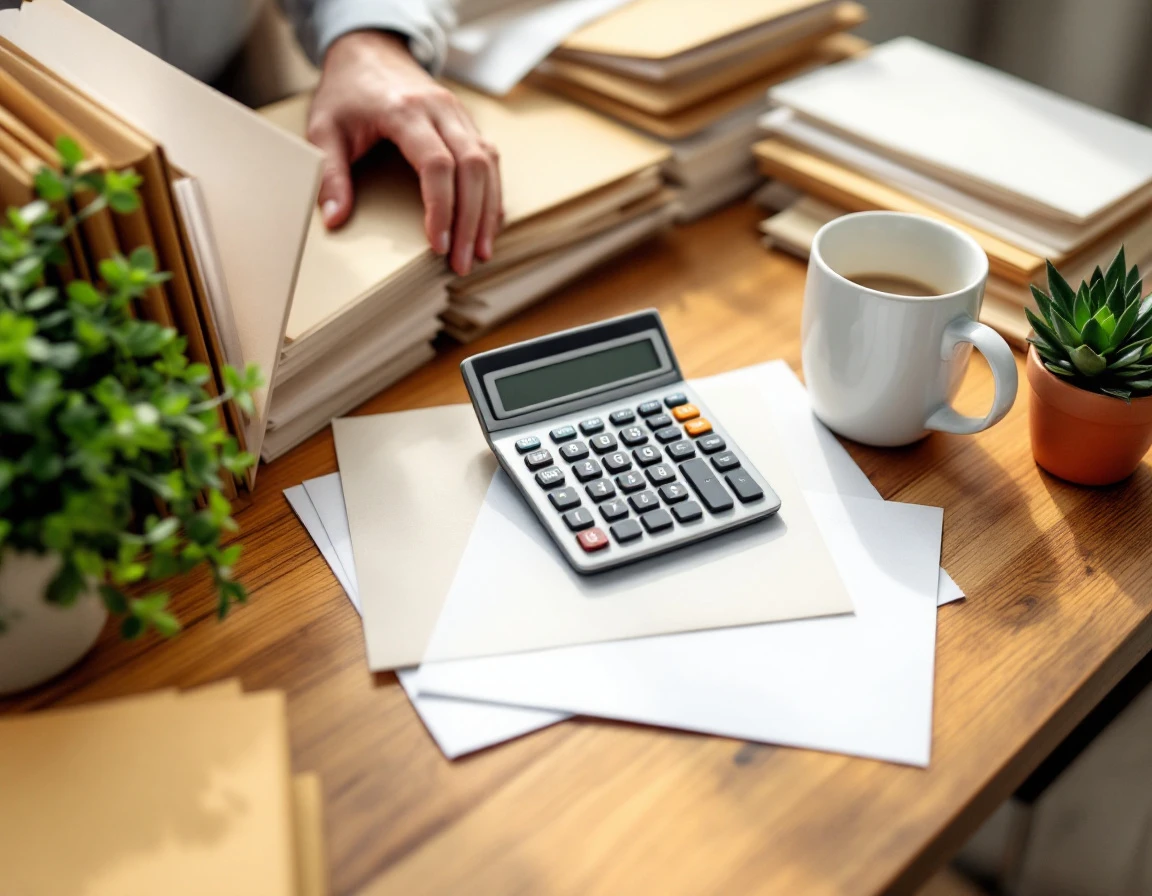 Professional workspace with calculator, file folders, coffee, and plants during quarterly tax preparation