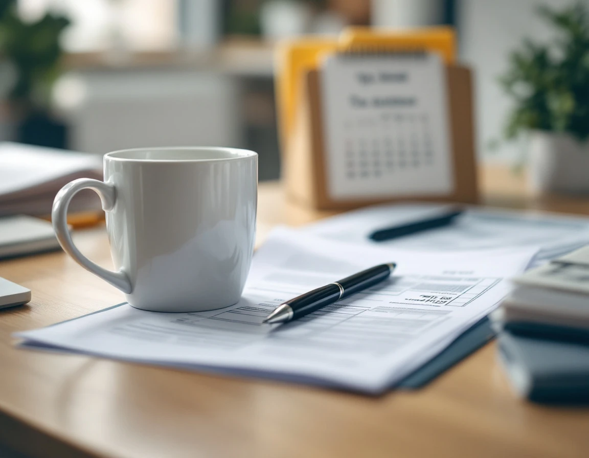 Office desk with coffee mug, pen, and blurred quarterly tax documents during end-of-quarter preparation