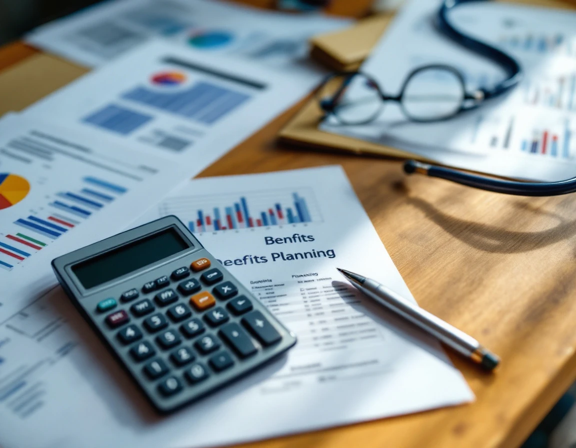 Business desk with financial documents, calculator, and stethoscope for healthcare cost planning analysis
