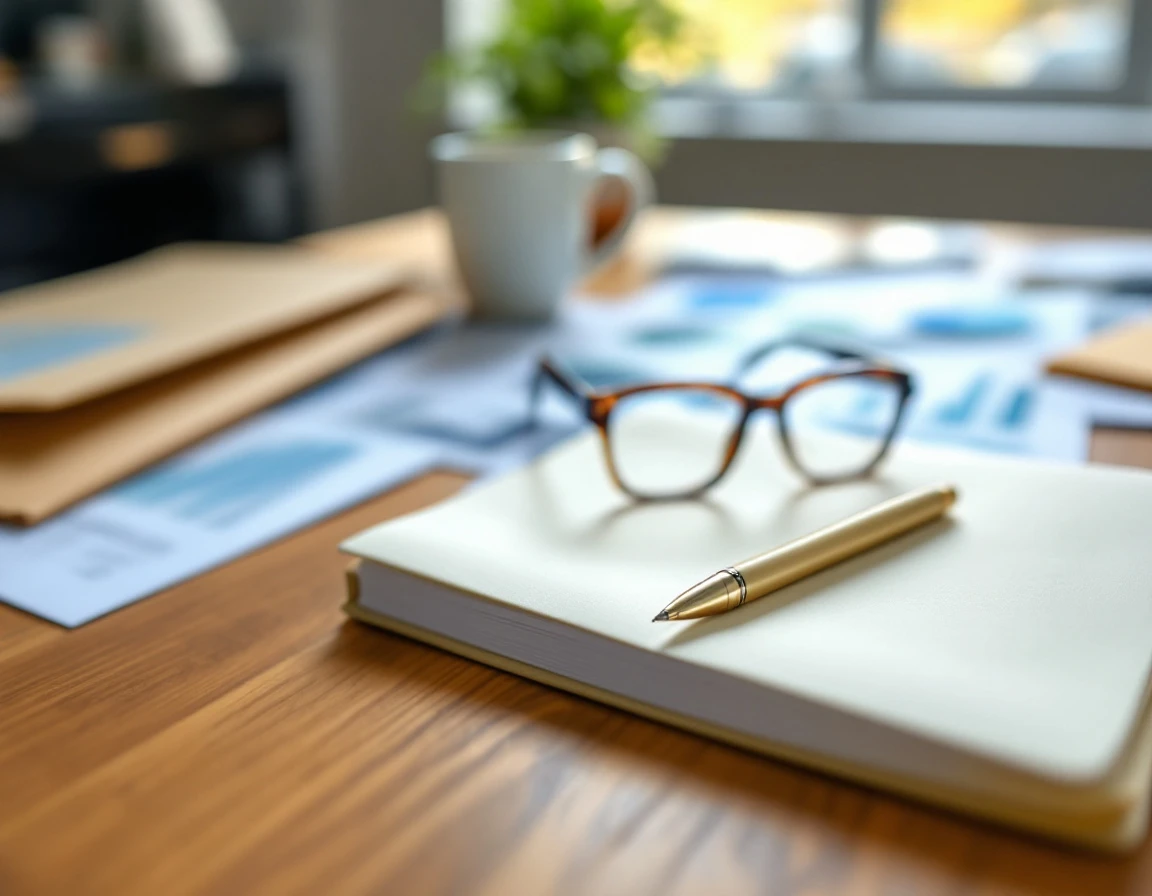 Professional workspace with notebook, eyeglasses, and blurred financial documents for healthcare benefits planning