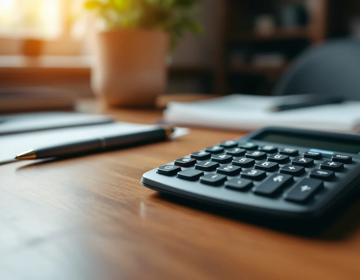 Calculator and office supplies on wooden desk with natural lighting for healthcare cost budgeting