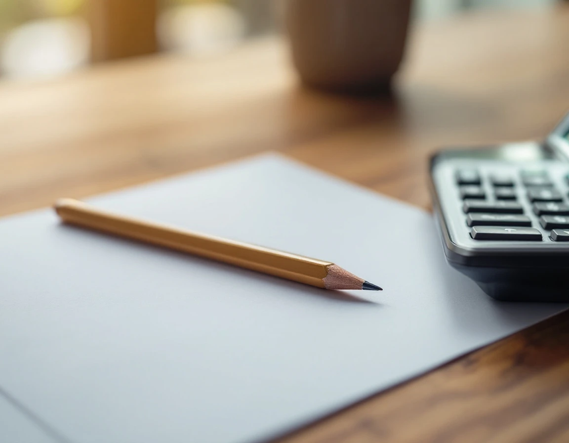 Calculator and pencil on wooden desk representing mid-year payroll tax preparation workspace