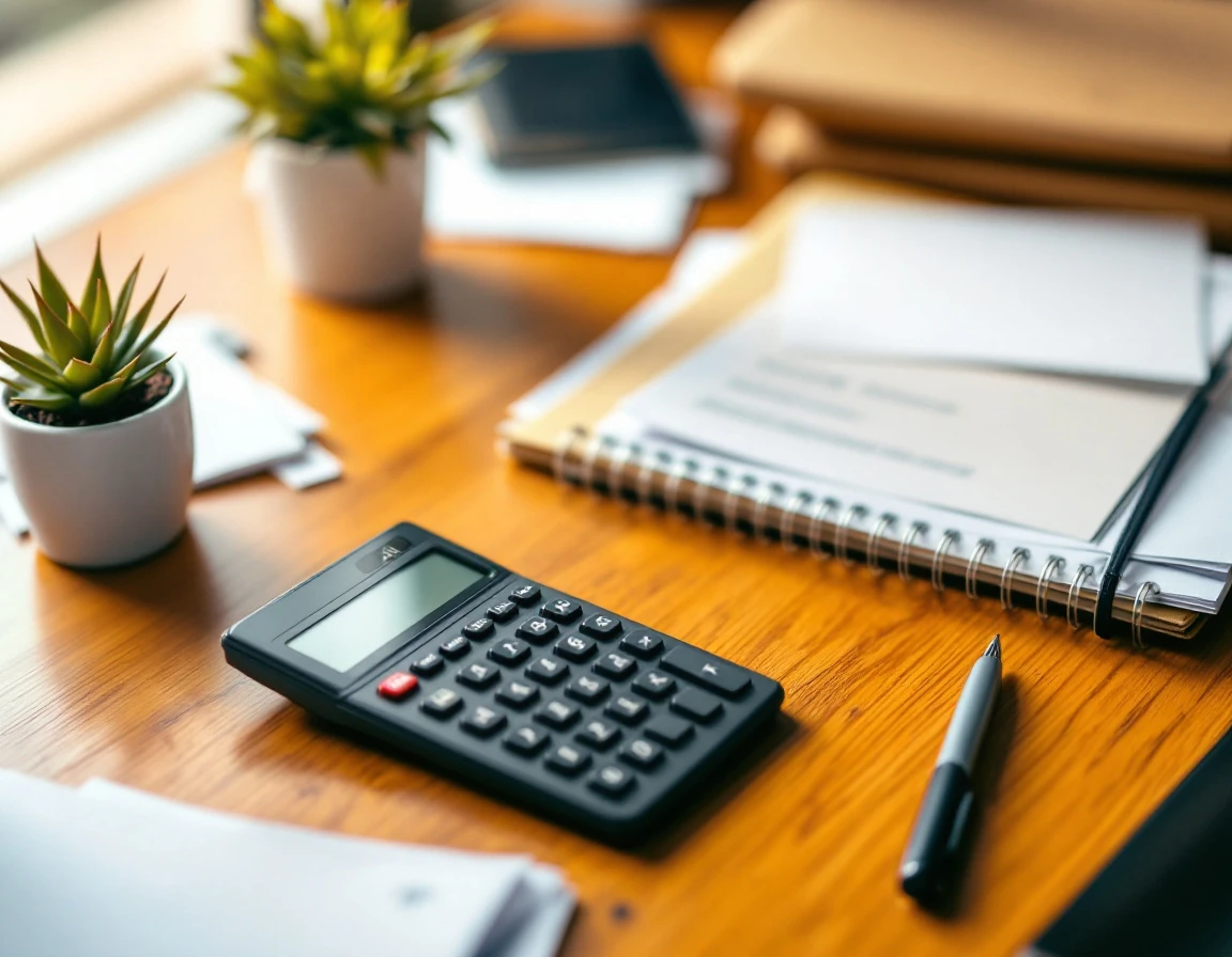 Organized desk with calculator, blurred tax documents, and office supplies prepared for quarterly tax review