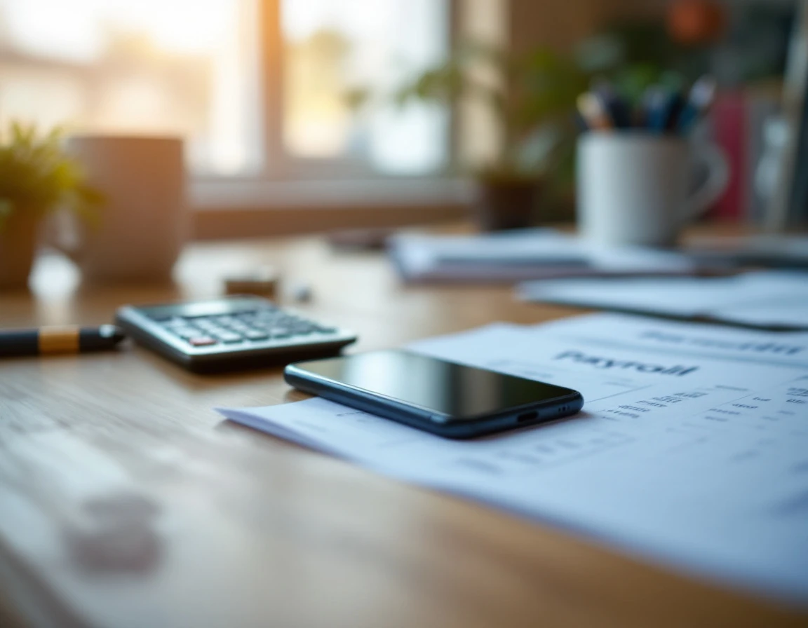 Smartphone on desk with payroll documents and calculator in small business office setting