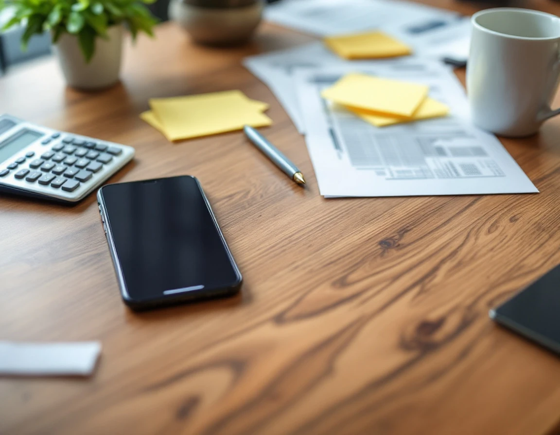 Desk workspace with smartphone, calculator, and tax forms for mobile payroll compliance