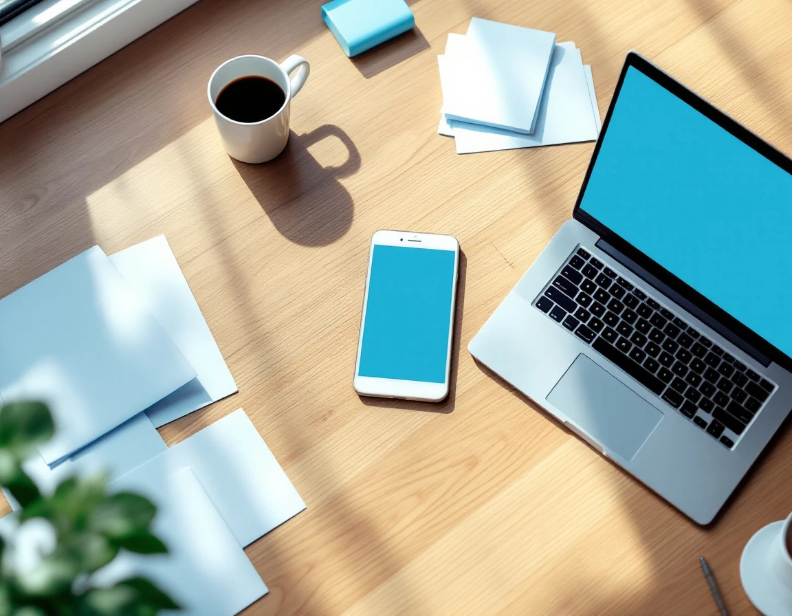 Organized desk workspace with smartphone, laptop, coffee, and blank tax documents for small business owners