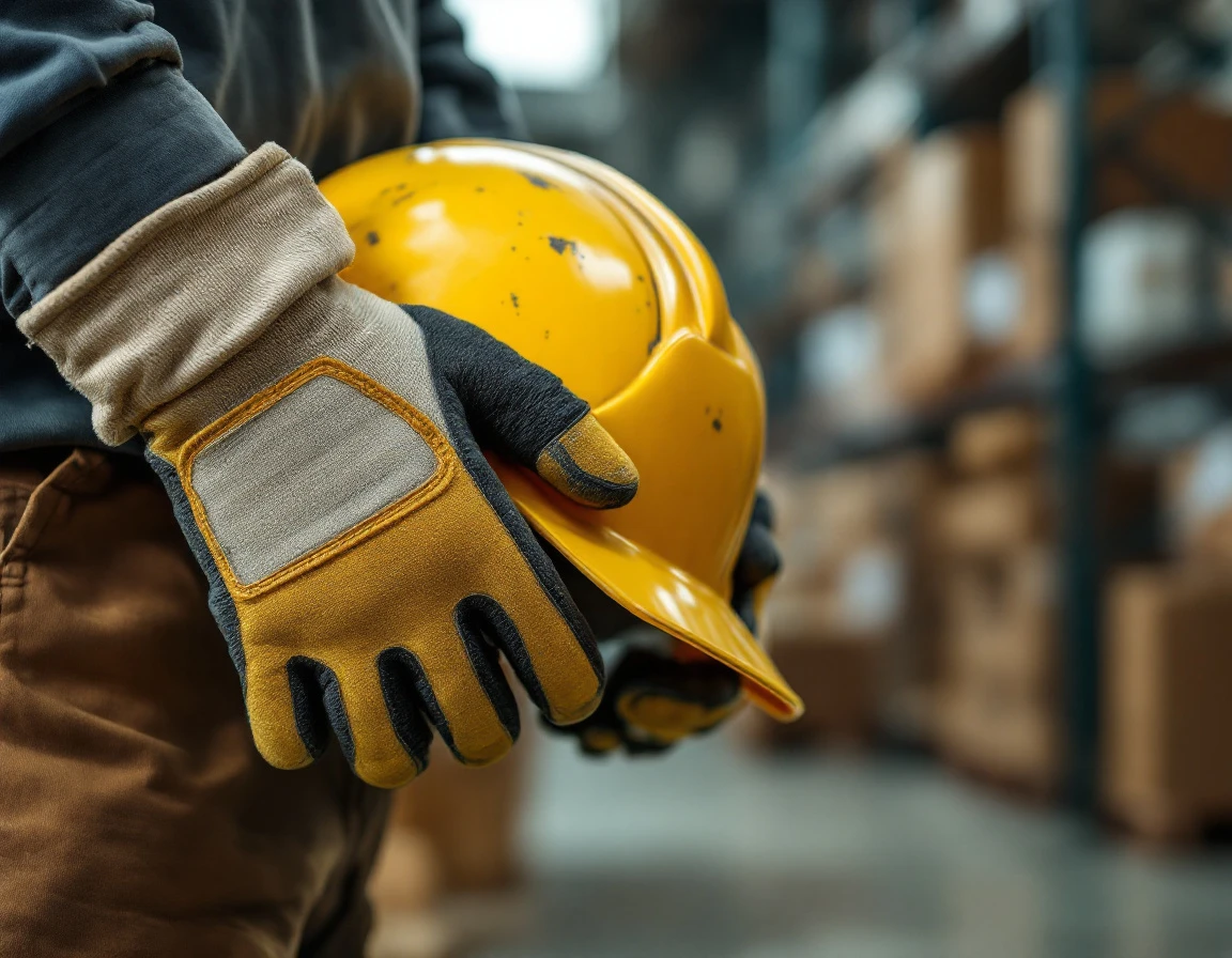 Worker's gloved hands holding worn yellow hard hat in warehouse with natural lighting and realistic skin texture