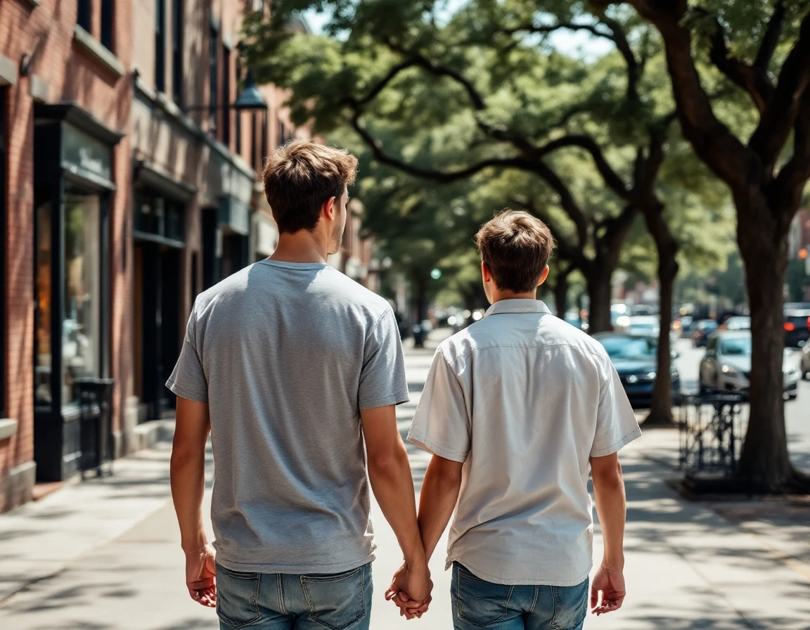 Two young employees walking on urban sidewalk during summer work shift with dappled tree shade and brick buildings