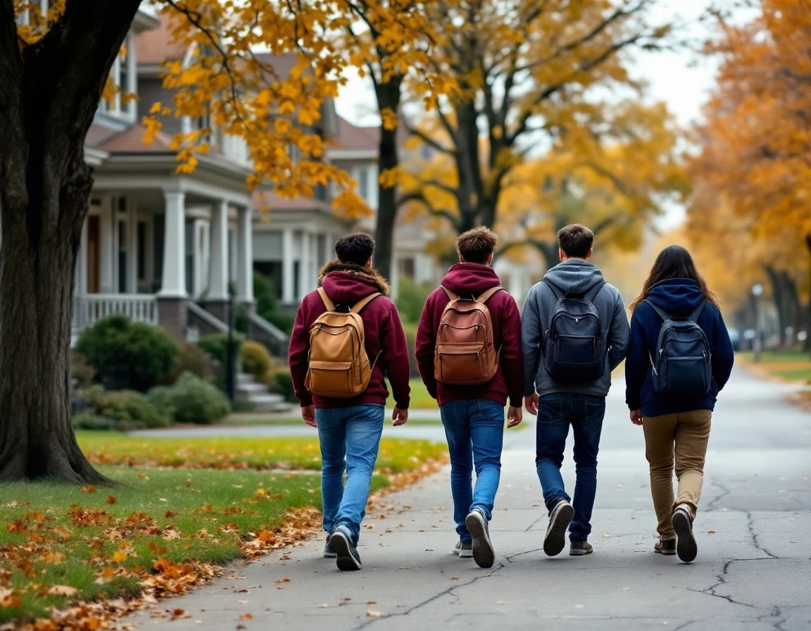 Four students walking together down a residential street lined with craftsman homes and autumn trees
