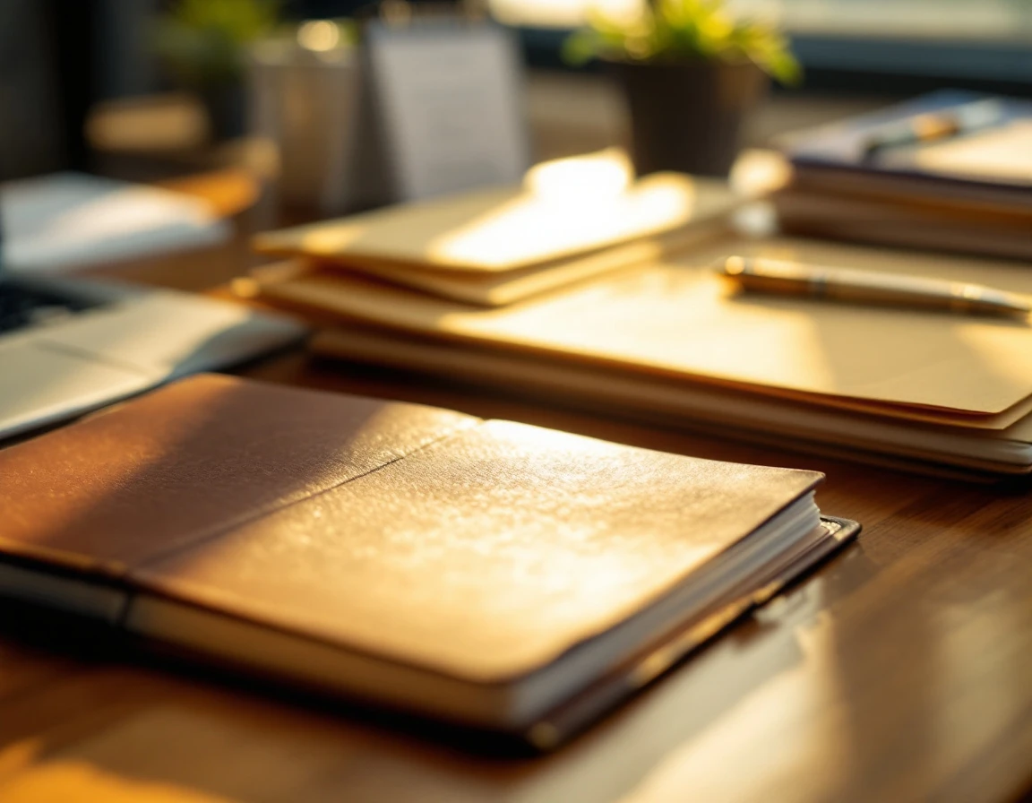 Organized business desk with notebook, files, and payroll materials for small business hiring process