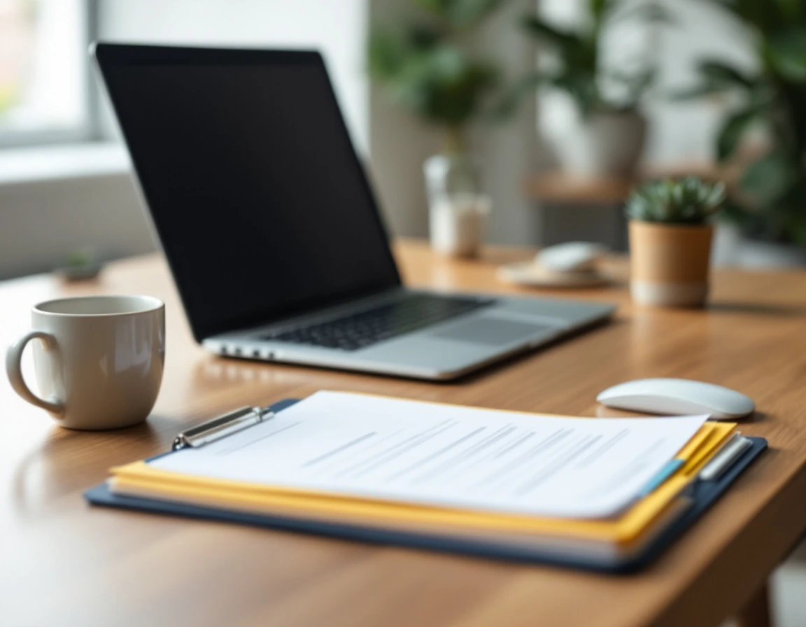 Organized small business office desk with onboarding materials and laptop ready for new employee setup