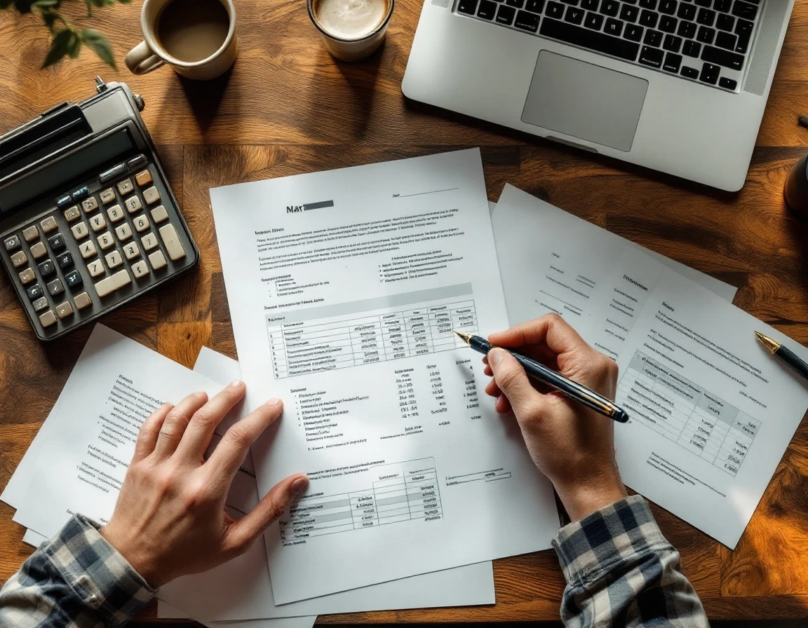 Professional reviewing payroll documents and calculator on wooden desk during financial compliance audit