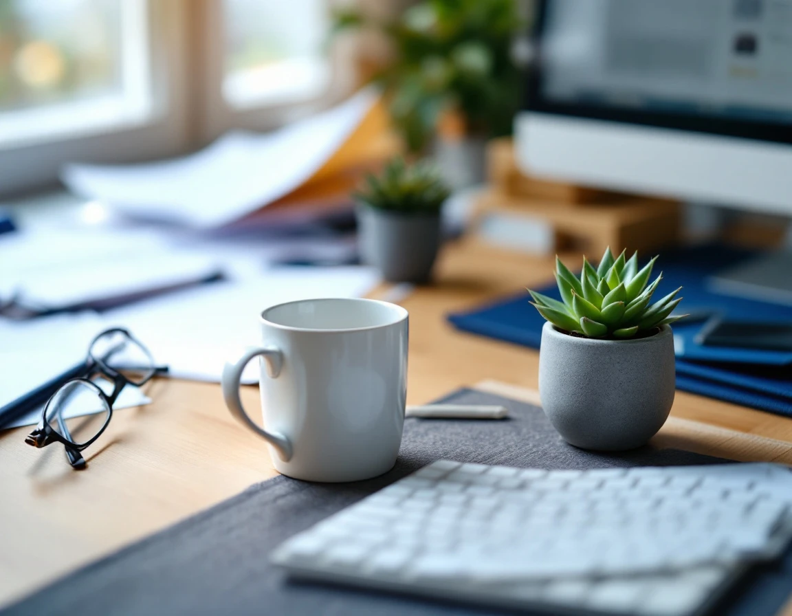 Compliance professional's desk with coffee, keyboard, and plant in soft morning light
