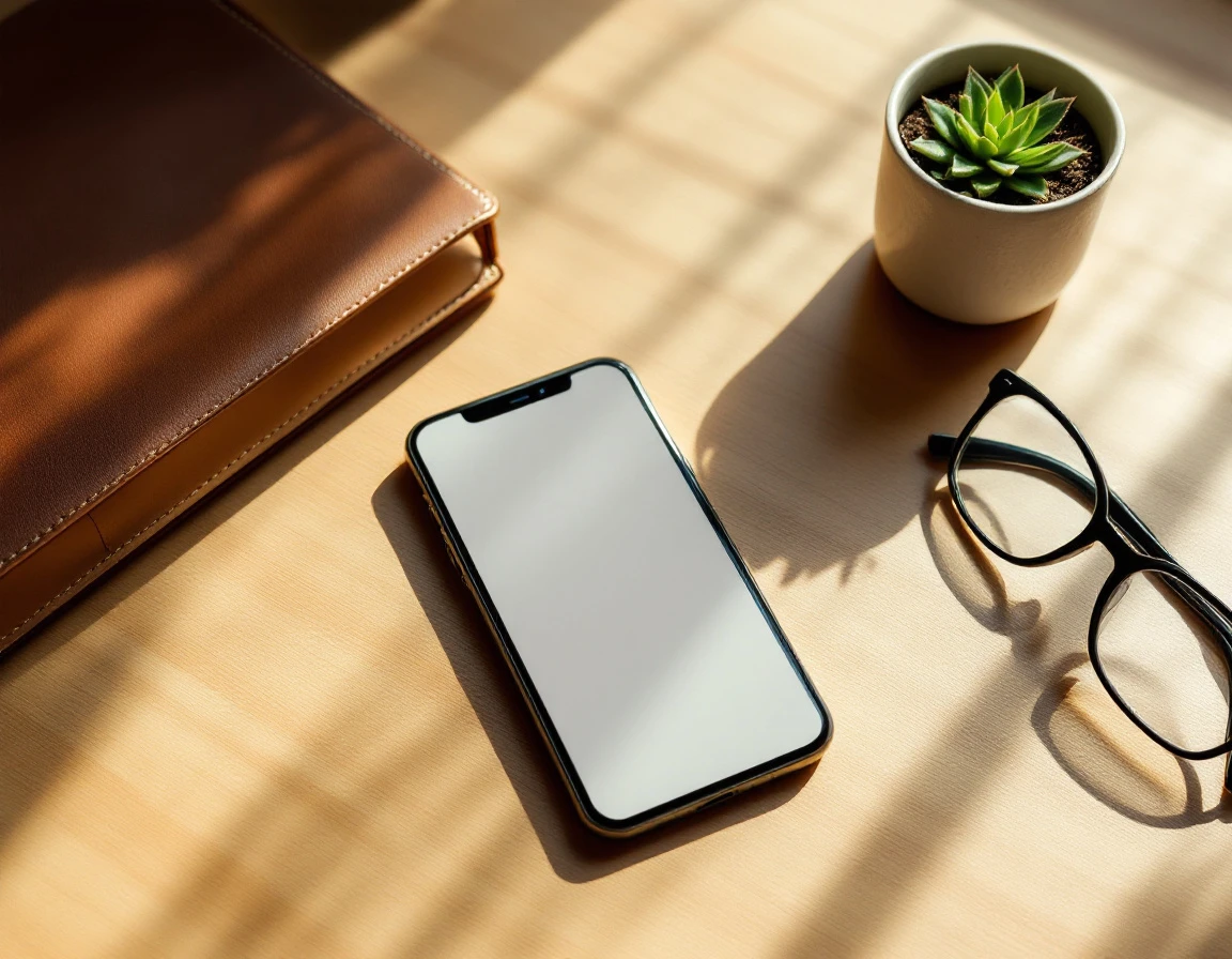 Smartphone on desk with small business workspace materials in natural morning light