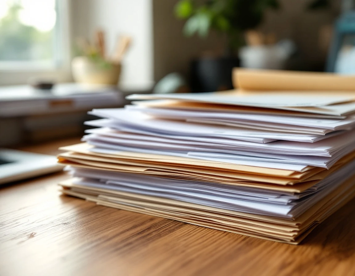 Organized tax documents and receipts in file folders on wooden desk with natural lighting