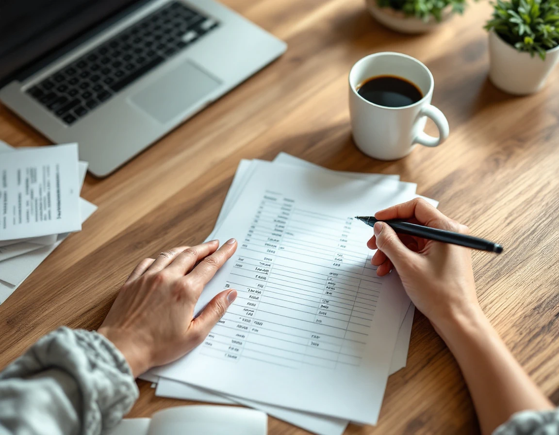 Business owner's hand reviewing payroll documents on desk with laptop and coffee